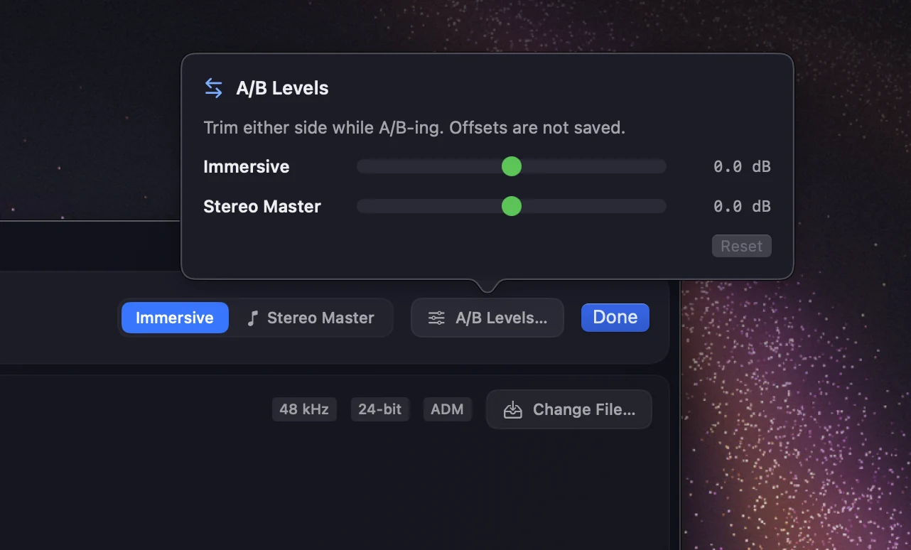 The A/B Levels popover — Immersive and Stereo Master trim sliders at 0.0 dB with a Reset button