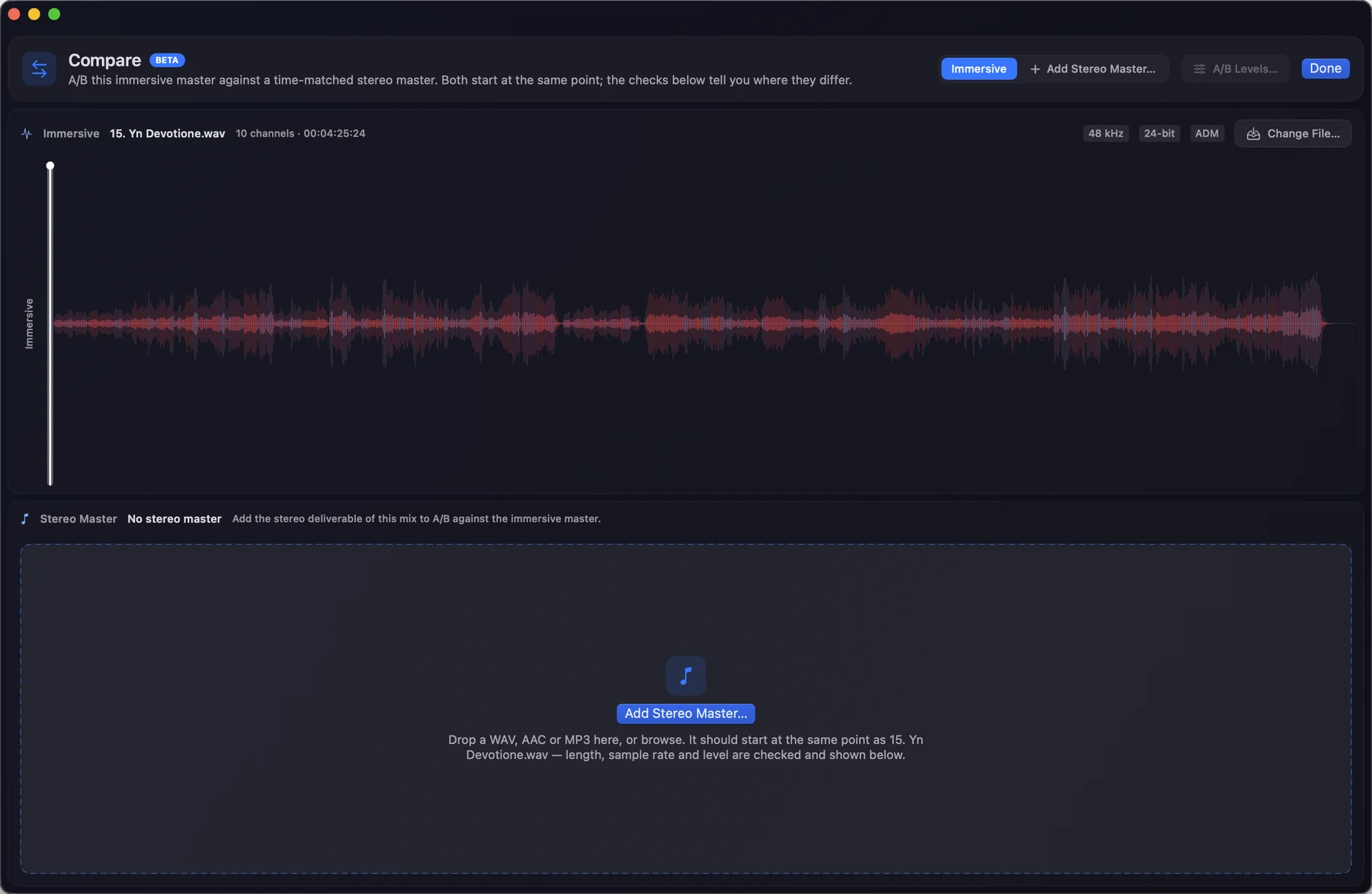 The Compare screen before a stereo master is added — the immersive master's waveform above a drop zone reading Add Stereo Master