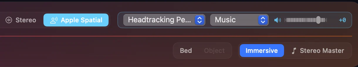 The footer in Apple Spatial mode — Apple Spatial selected, with the head-tracking profile menu, the mode menu and the Apple Spatial volume slider