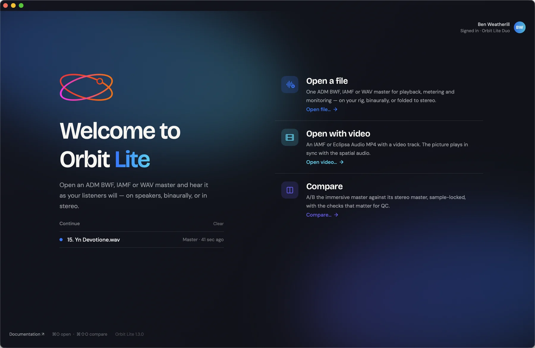The Orbit Lite welcome screen — Open a file, Open with video and Compare on the right, and a Continue list of recent masters
