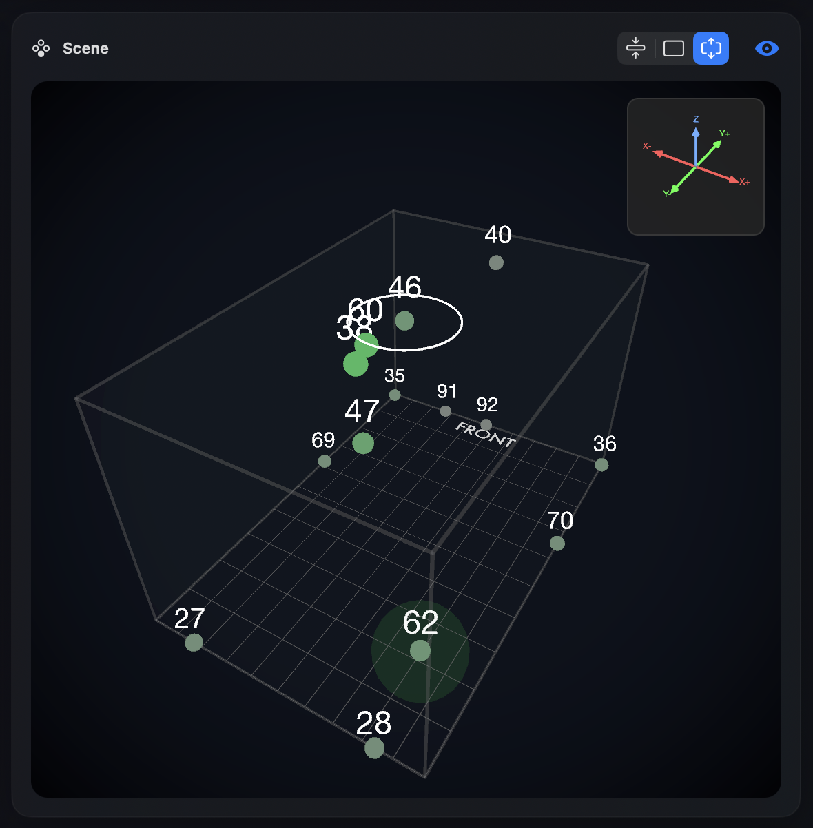 3D visualizer with object markers, numbered labels, and front indicator